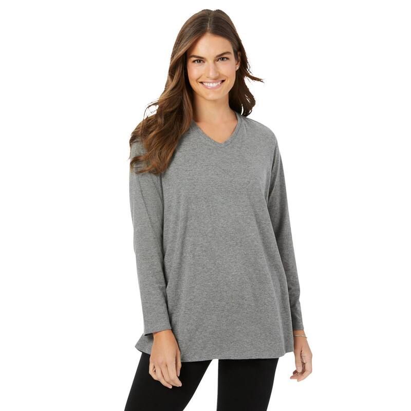 ウーマン ウィズイン レディース トップス Tシャツ Vネック プラスサイズ 長袖 Woman Within Plusize Perfect Long-Sleeve V-Neck Tunic Medium Heather Grey グレー