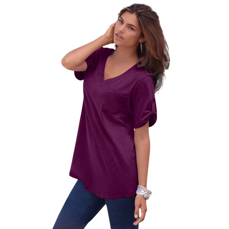 ロアマンズ レディース トップス Tシャツ Vネック プラスサイズ Roaman's Women's Plusize Slub V-Neck Boyfriend Tunic Top Dark Berry
