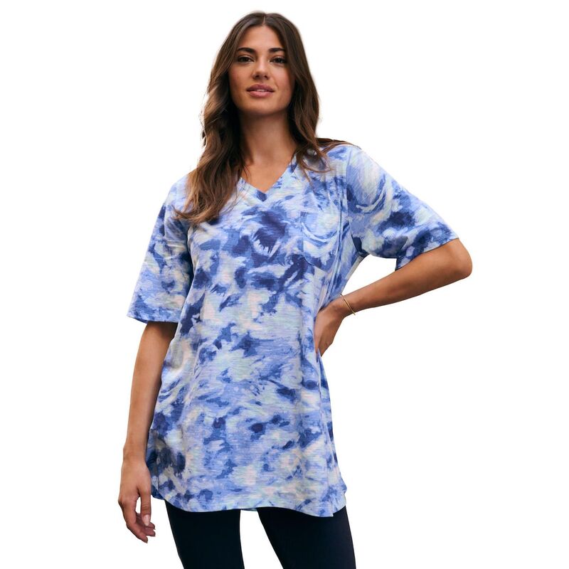 ロアマンズ レディース トップス Tシャツ Vネック プラスサイズ Roaman's Women's Plusize Slub V-Neck Boyfriend Tunic Top Indigo Abstractie インディゴ|ReVida 店