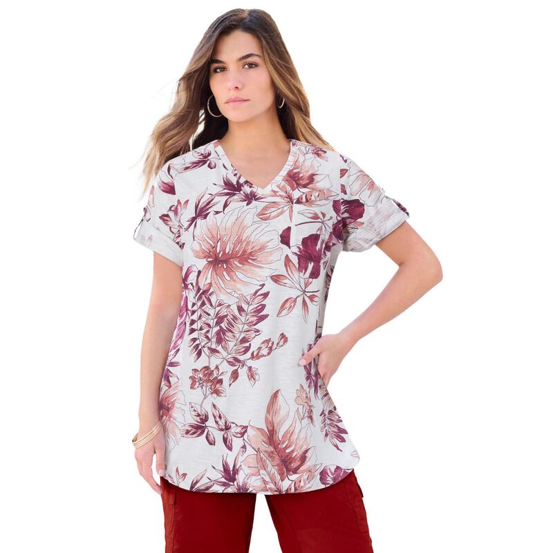 ロアマンズ レディース トップス Tシャツ Vネック プラスサイズ Roaman's Women's Plusize Slub V-Neck Boyfriend Tunic Top White Berry Tropical ホワイト