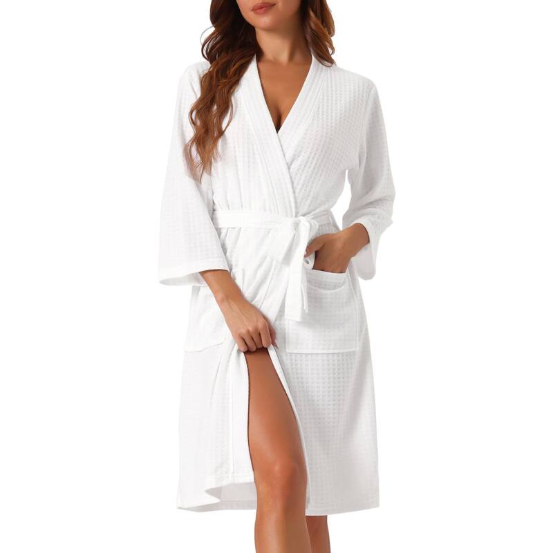 cheibear レディース アンダーお召しもの ナイト爵お召しもの cheibear Womens Waffle Bathrobe Soft Kimono Spand Bath Mid-length Robes White 白いこと パジャマ-ナイトウェア・ルームウェア