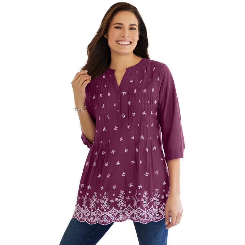 ウーマン ウィズイン レディース トップス Tシャツ プラスサイズ 刺繍 Woman Within Plusizembroidered Pintuck Tunic Deep Claret Eyelet｜ReVida 店 13,860円