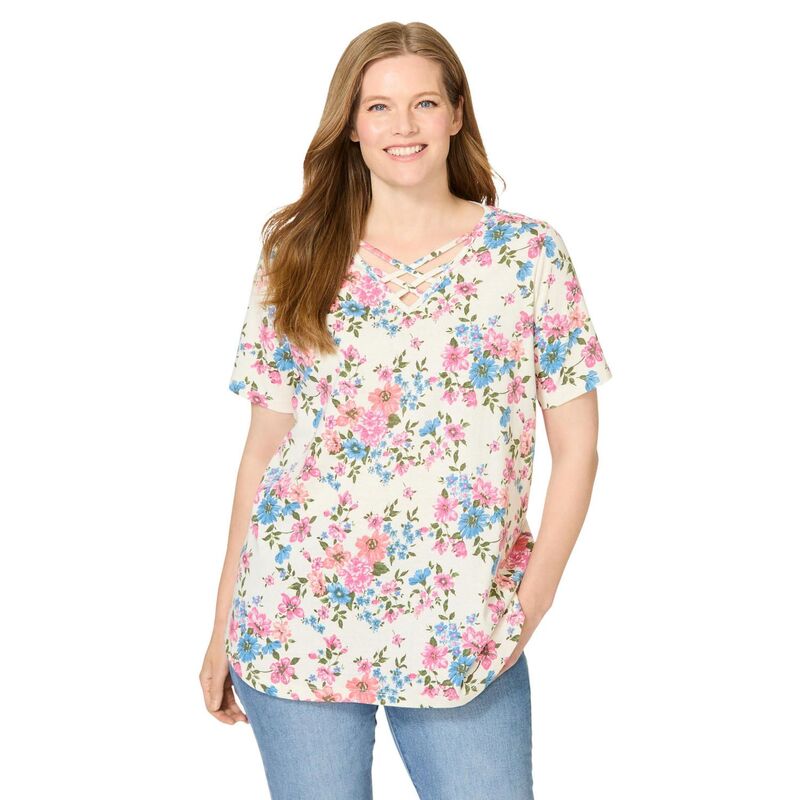 ウーマン ウィズイン レディース トップス Tシャツ プラスサイズ Woman Within Plusize Criss Cross Tee Ivory Garden アイボリー|ReVida 店