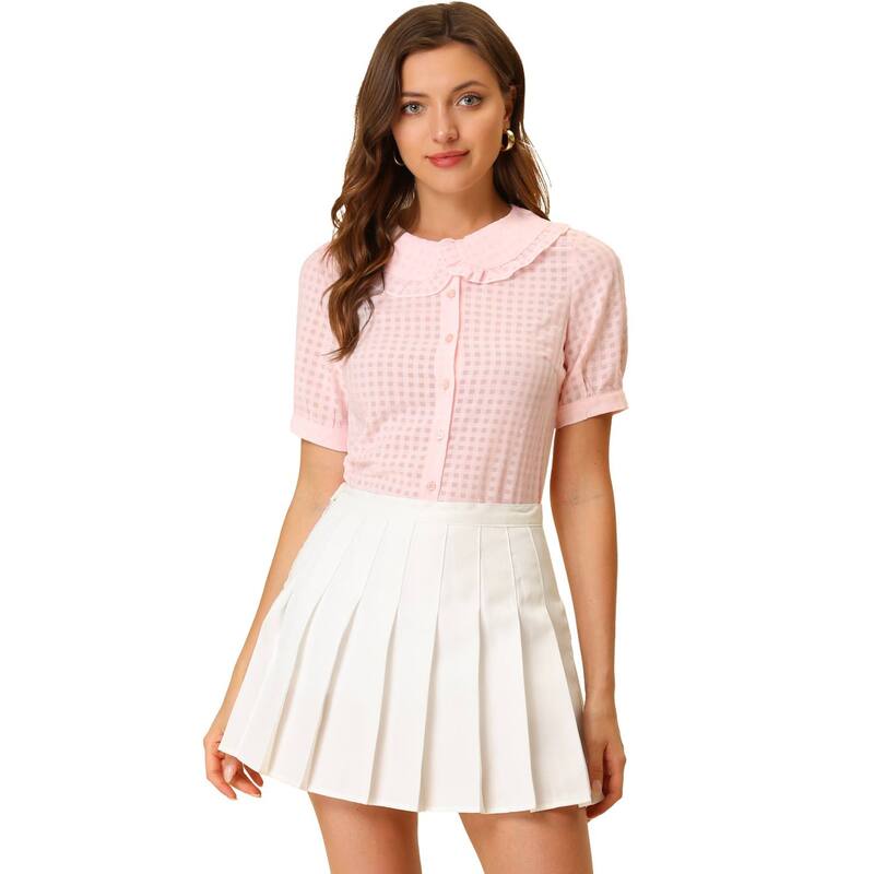アレグラ ケー レディース トップス シャツ ギンガムチェック コントラスト ブラウス ギンガム ALLEGRA K Women's Peter Pan Collar Contrast Color Trim Gingham Button Up Blouse Shirt Pink ピンク