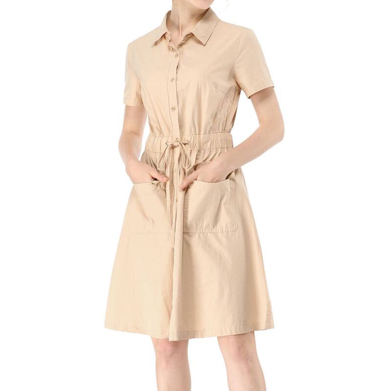 アレグラ ケー レディース トップス ワンピース ミニ ALLEGRA K Women's Fit and Flare Collar Pocket Elastic Waist Mini Dress Beige ベージュ|ReVida 店