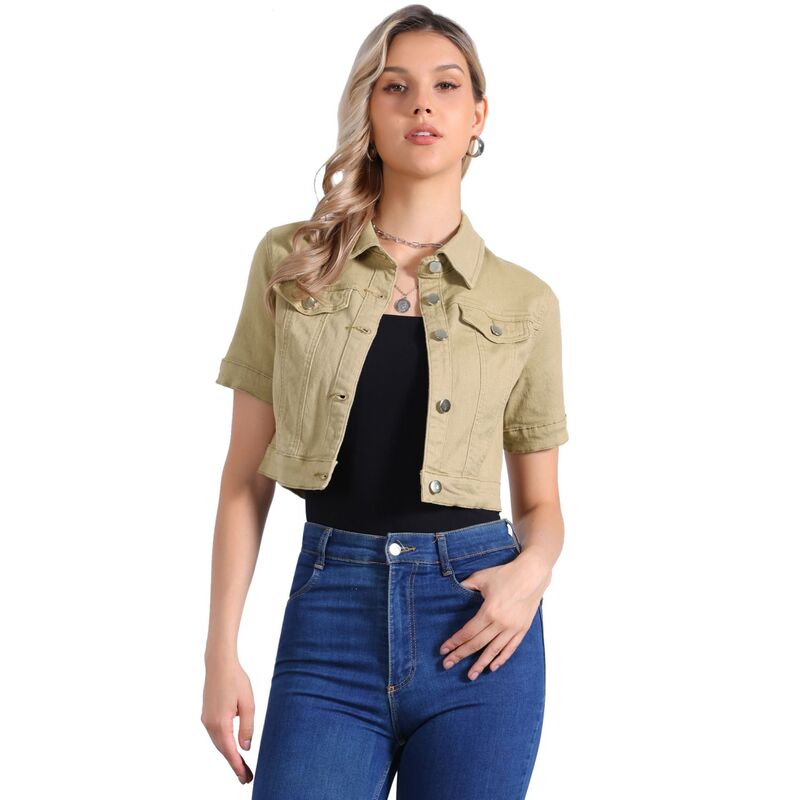アレグラ ケー レディース アウター 上衣・上衣 クロップド ジーンズ ALLEGRA K Women\u0027s Casual Short Sleeves Button Croppedenim Jacket Khaki カーキ