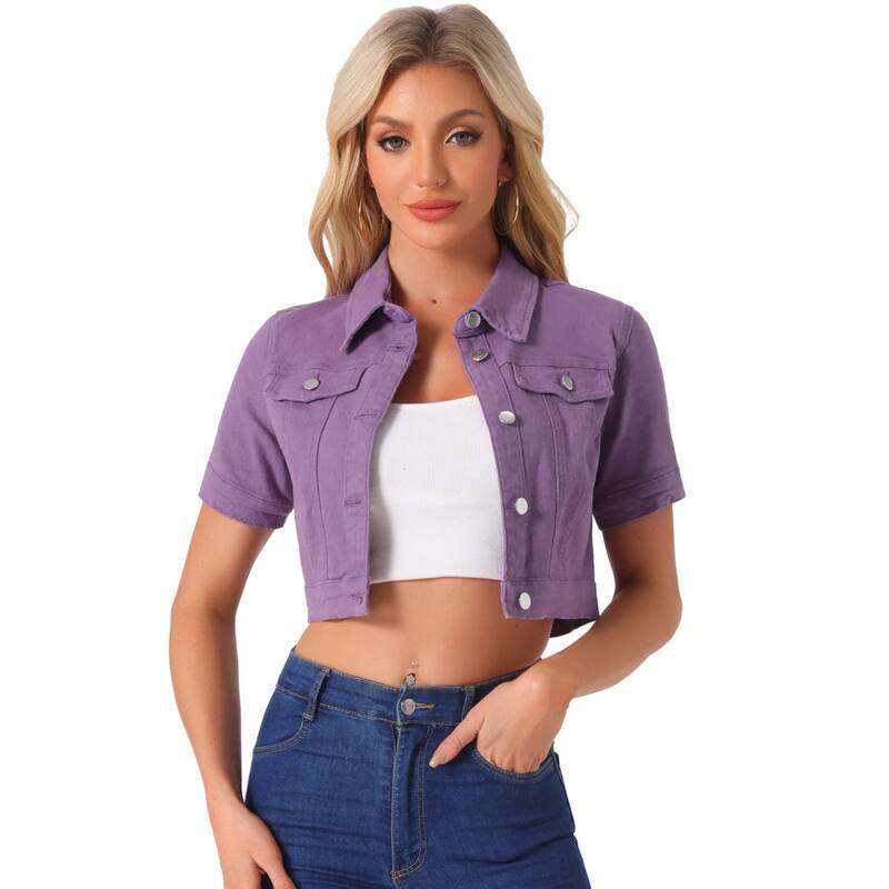 アレグラ ケー レディース アウター 上衣・上衣 クロップド ジーンズ ALLEGRA K Women\u0027s Casual Short Sleeves Button Croppedenim Jacket Purple パープル