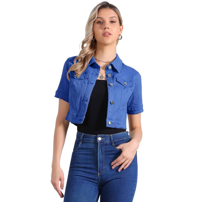 アレグラ ケー レディース アウター 上衣・上衣 クロップド ジーンズ ALLEGRA K Women\u0027s Casual Short Sleeves Button Croppedenim Jacket Royal Blue 青み