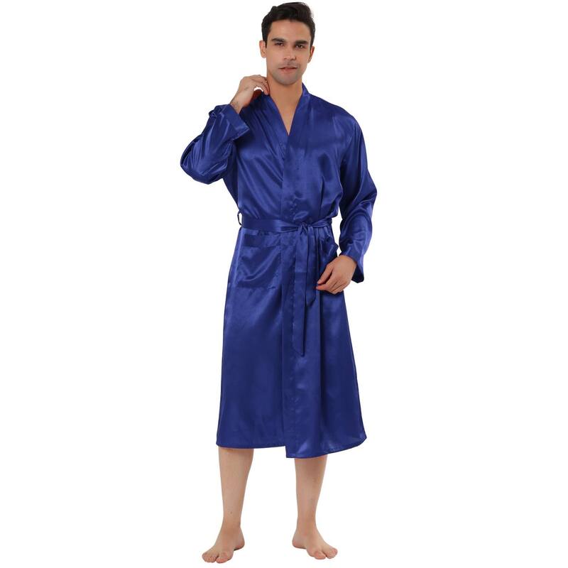 Lars Amadeus レディース アンダーウェア ナイトウェア サテン Lars Amadeus Men'satin Robe Sleep Long Sleeve Lounge Sleepwear Pajama Bathrobe Blue ブルー