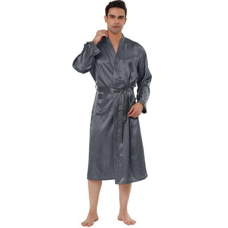 Lars Amadeus レディース アンダーウェア ナイトウェア サテン Lars Amadeus Men'satin Robe Sleep Long Sleeve Lounge Sleepwear Pajama Bathrobe Gray グレー