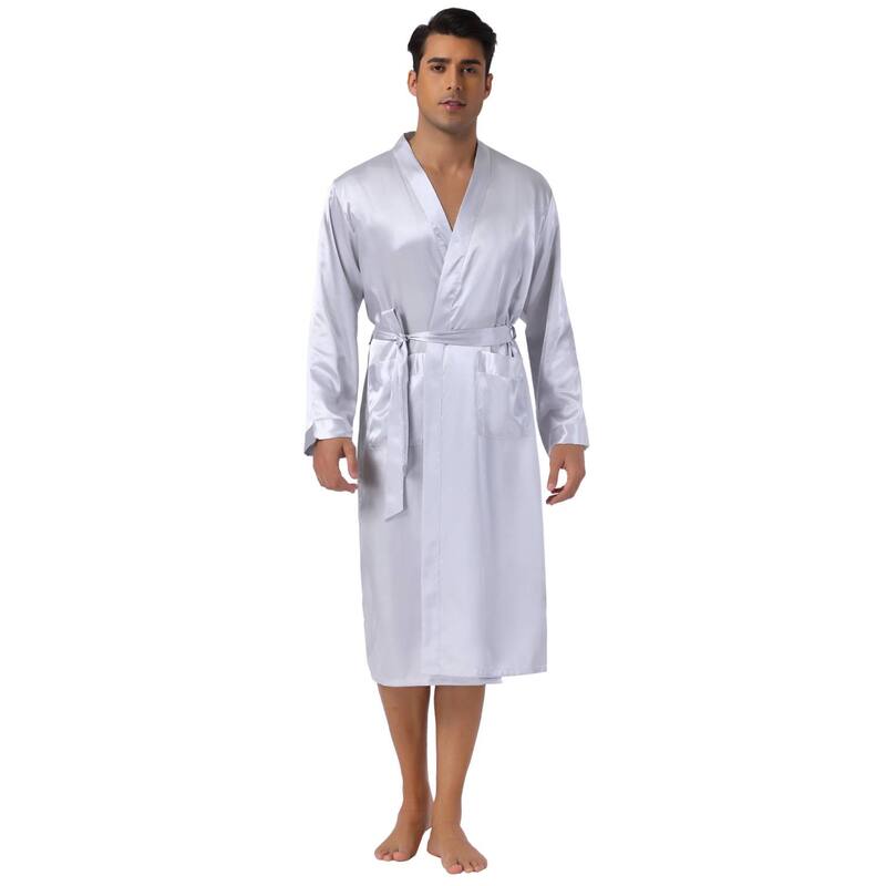Lars Amadeus レディース アンダーウェア ナイトウェア サテン Lars Amadeus Men'satin Robe Sleep Long Sleeve Lounge Sleepwear Pajama Bathrobe Silver シルバー