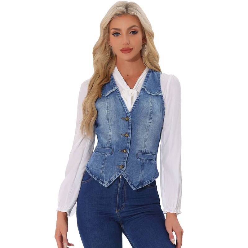 アレグラ ケー レディース アウター ジャケット・ブルゾン ベスト ノースリーブ デニム ALLEGRA K Women's Denim Vest Sleeveless Washedistressed Jean Jacket Gray Blue グレー