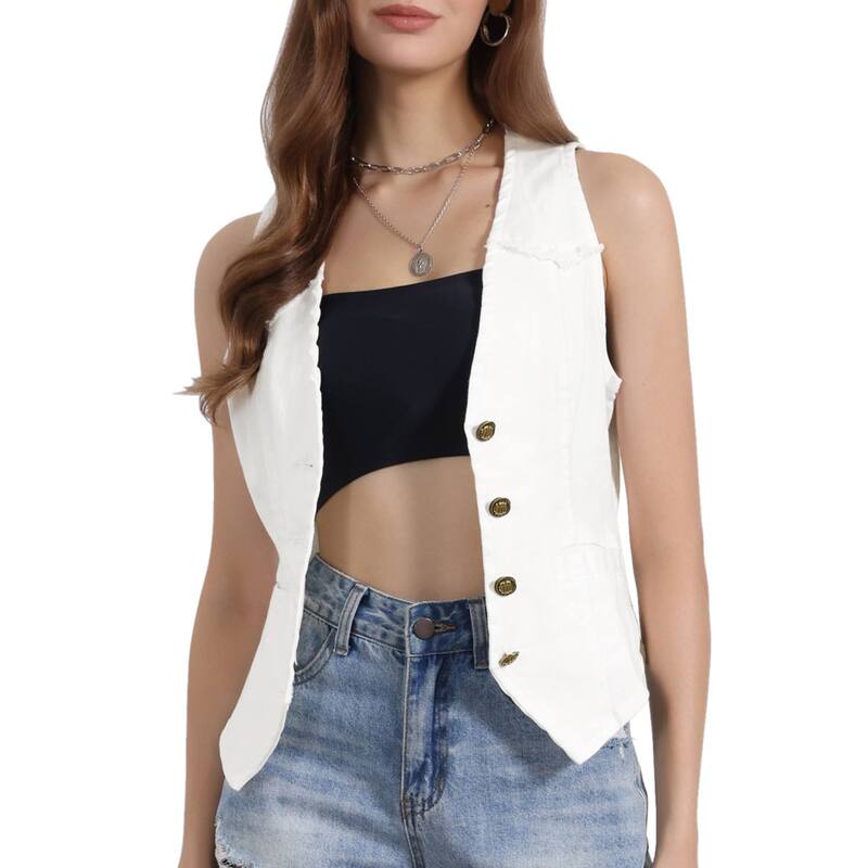 アレグラ ケー レディース アウター ジャケット・ブルゾン ベスト ノースリーブ デニム ALLEGRA K Women's Denim Vest Sleeveless Washedistressed Jean Jacket White ホワイト|ReVida 店
