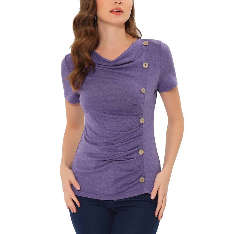 アレグラ ケー レディース トップス Tシャツ ギャザー ブラウス ニット ALLEGRA K Cowl Neck Blouse For Women Short Sleeve Casual Basic T-shirt Solid Knitted Buttons Decoruched Topurple パープル