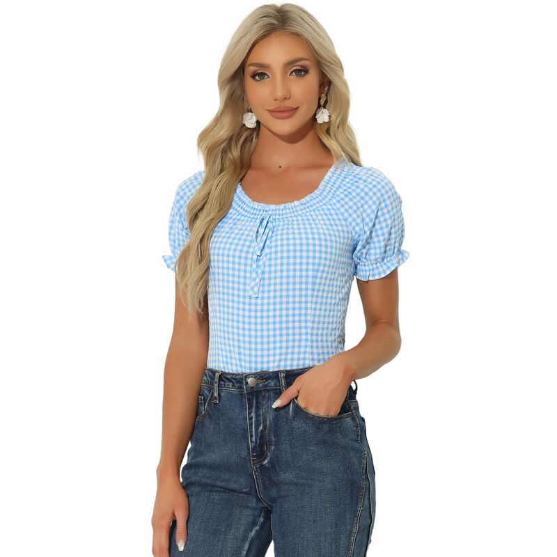 アレグラ ケー レディース トップス Tシャツ ギンガムチェック フリル ブラウス ギンガム ALLEGRA K Gingham Plaid Blouse for Woman's Peasant Round Neck Ruffles Puffy Sleeve Top Blue ブルー|ReVida 店