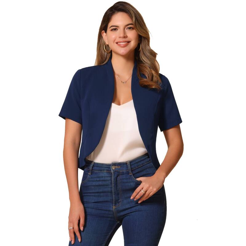 アレグラ ケー レディース アウター ニット・セーター カーディガン ブレザー ALLEGRA K Casual Business Blazer For Women's Open Front 3/4 Sleeve Collarless Cardigan Dark Blue ブルー｜ReVida 店
