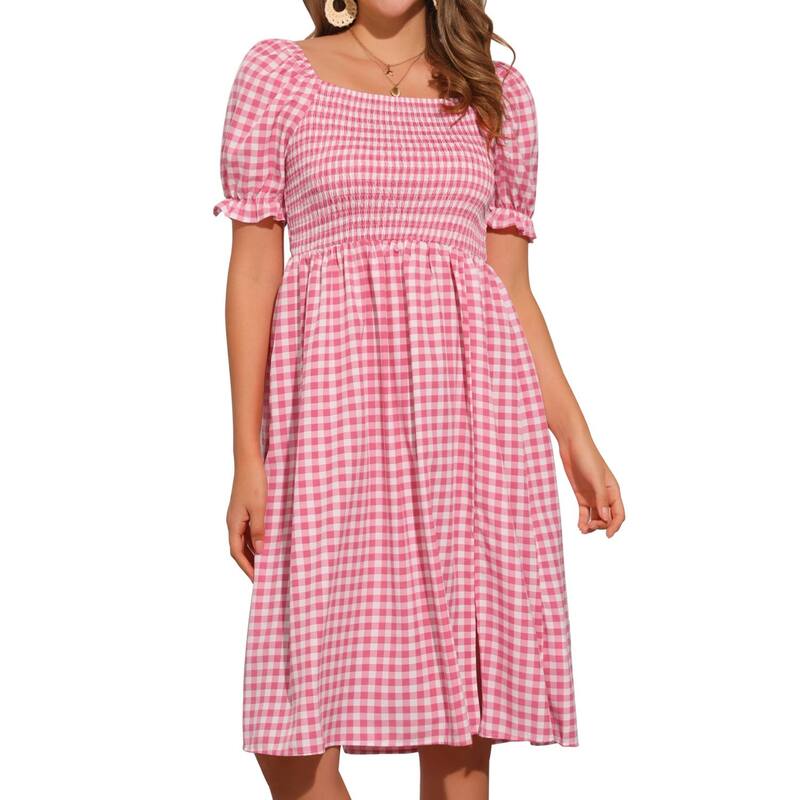 アレグラ ケー レディース トップス ワンピース ギンガムチェック シャーリング ギンガム ALLEGRA K Smockedress for Women's Gingham Square Neck Short Sleeve Casual Plaidress Pink ピンク｜ReVida 店