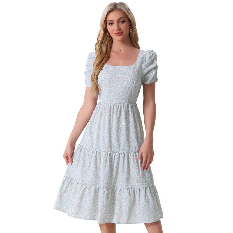 アレグラ ケー レディース トップス ワンピース ティアード フラワー柄 フリル フラワー ALLEGRA K Women's Floral Square Neck Puffy Short Sleeves Tiered Ruffled Hem Dress Light Blue ブルー