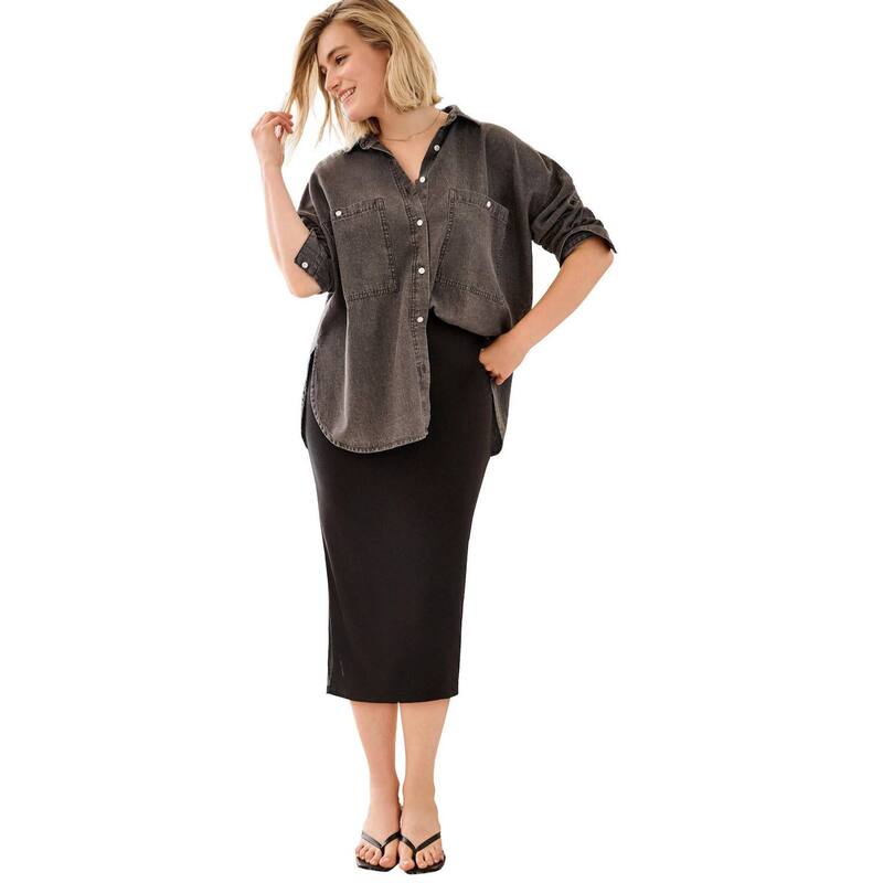 Ellos レディース トップス シャツ プラスサイズ デニム ellos Plusize Oversized Button-Front Denim Shirt Dark Grey Wash グレー