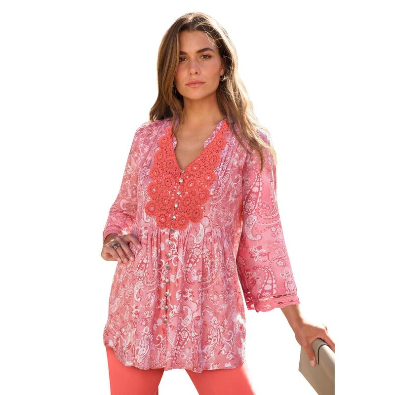 ロアマンズ レディース トップス Tシャツ レーストリム プラスサイズ ダウン レース Roaman's Women's Plusize Juliet Lace Trim Button-Down Shirt Coral Misty Paisley コーラル
