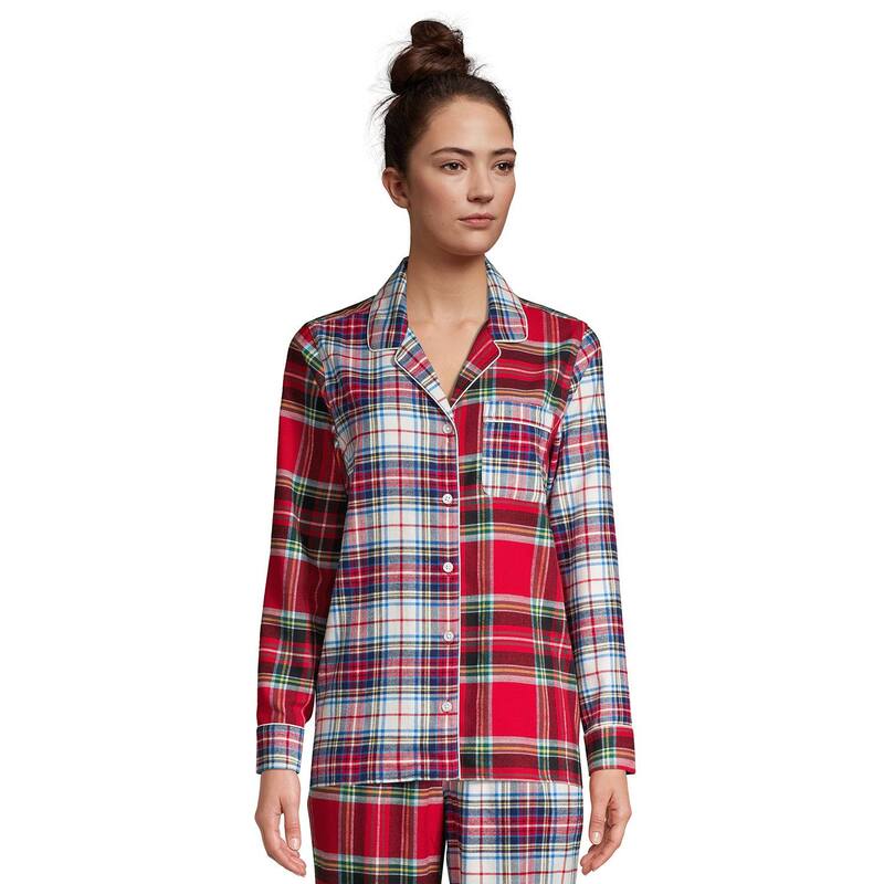 ランズエンド レディース アンダーウェア ナイトウェア Women's Lands' End Long Sleeve Flannel Pajama Top Red Patchwork Plaid レッド