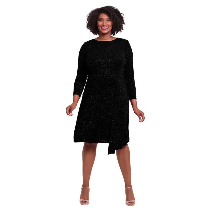 ロンドンタイムス レディース トップス ワンピース ドレープラスサイズ スカート Plusize London Timesparkly Long Sleeve Drape Skirt Dress Black ブラック|ReVida 店