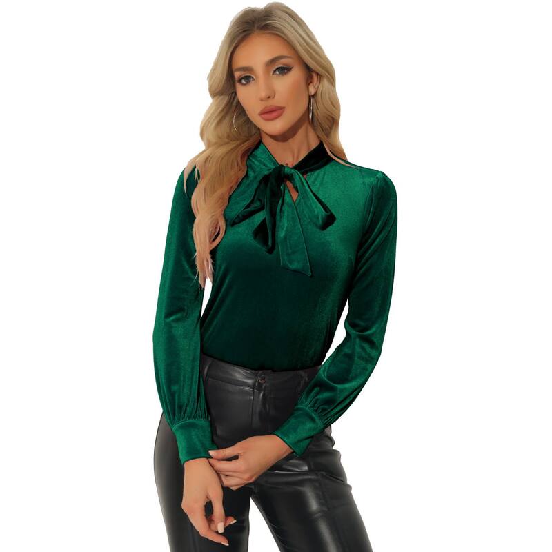 アレグラ ケー レディース トップス シャツ ヴィンテージ ベルベット ブラウス ALLEGRA K Vintage Gothic Blouse For Women's Velvet Dressy Bow Tie Neck Office Business Work Shirtops Dark Green グリーン
