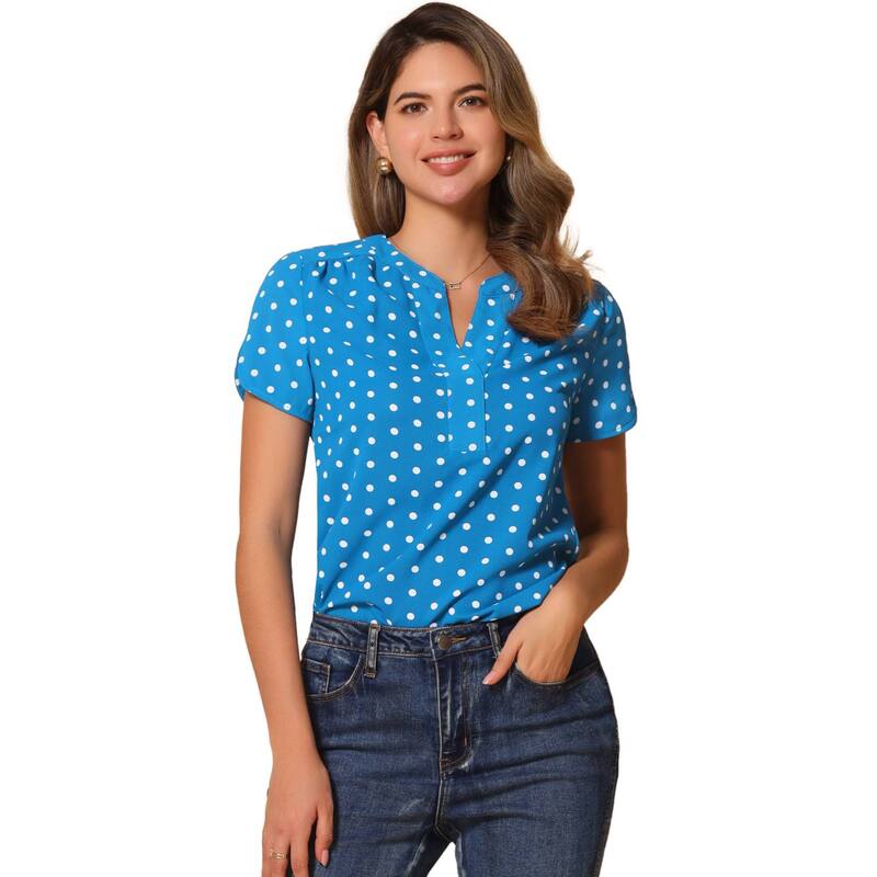アレグラ ケー レディース トップス シャツ Vネック プリント ブラウス ALLEGRA K Women's Dots Printed V Neck Short Sleeve Work Office Blouse Top Bright Blue ブルー