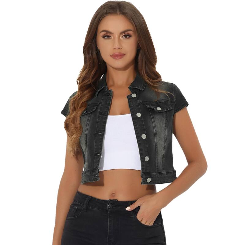 アレグラ ケー レディース アウター ジャケット・ブルゾン ボタンダウン クロップド デニム ALLEGRA K Womenummer Denim Jackets Button Down Short Sleeve Cropped Jean Jacket Black ブラック