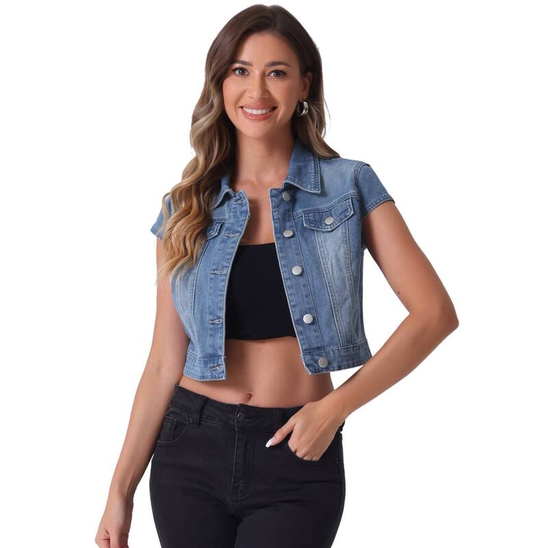 アレグラ ケー レディース アウター ジャケット・ブルゾン ボタンダウン クロップド デニム ALLEGRA K Women'summer Denim Jackets Button Down Short Sleeve Cropped Jean Jacket Jean Blue ブルー