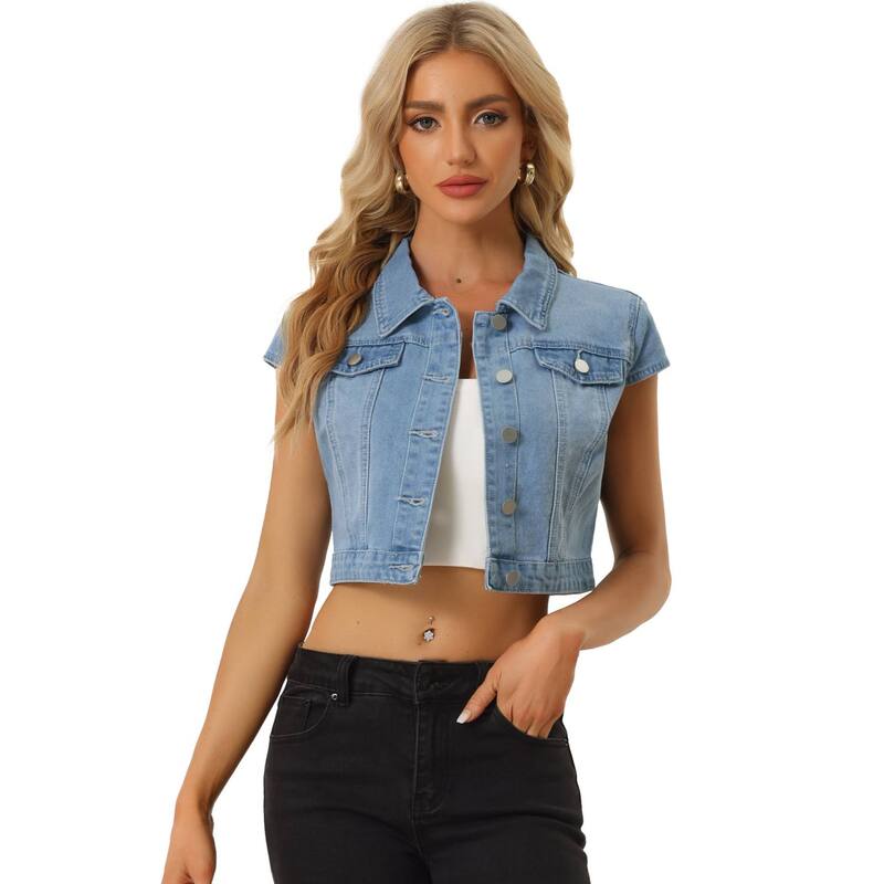 アレグラ ケー レディース アウター ジャケット・ブルゾン ボタンダウン クロップド デニム ALLEGRA K Womenummer Denim Jackets Button Down Short Sleeve Cropped Jean Jacket Lignt Blue ブルー