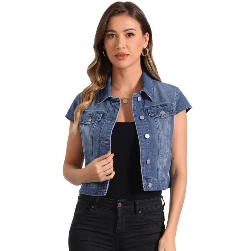 アレグラ ケー レディース アウター ジャケット・ブルゾン ボタンダウン クロップド デニム ALLEGRA K Women'summer Denim Jackets Button Down Short Sleeve Cropped Jean Jacket M Blue ブルー