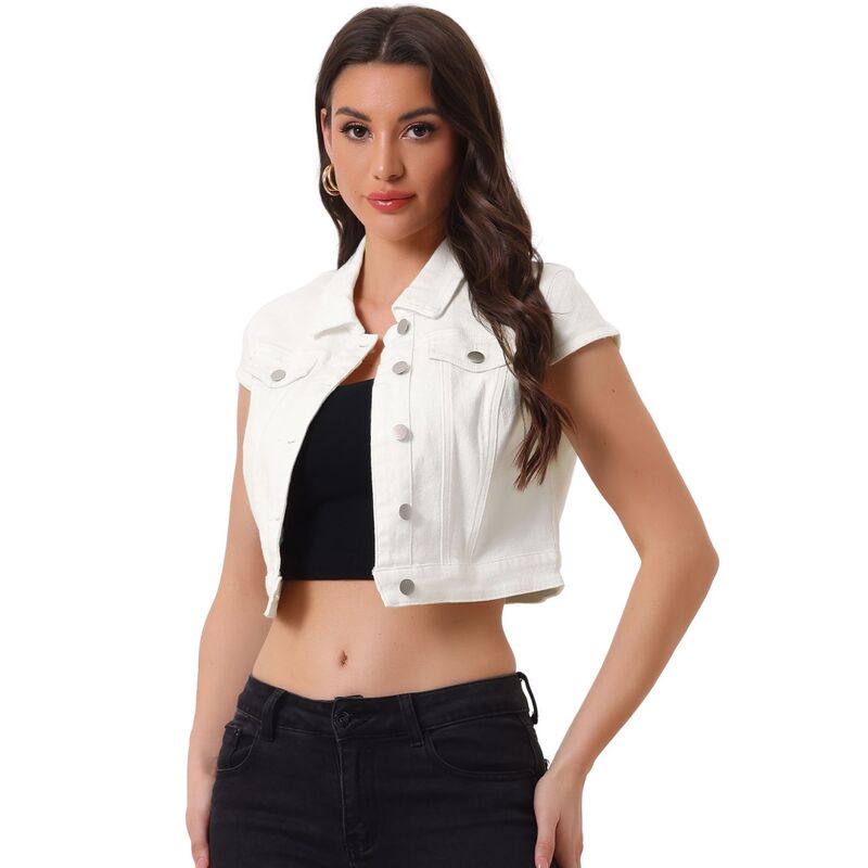 アレグラ ケー レディース アウター ジャケット・ブルゾン ボタンダウン クロップド デニム ALLEGRA K Women'summer Denim Jackets Button Down Short Sleeve Cropped Jean Jacket White ホワイト