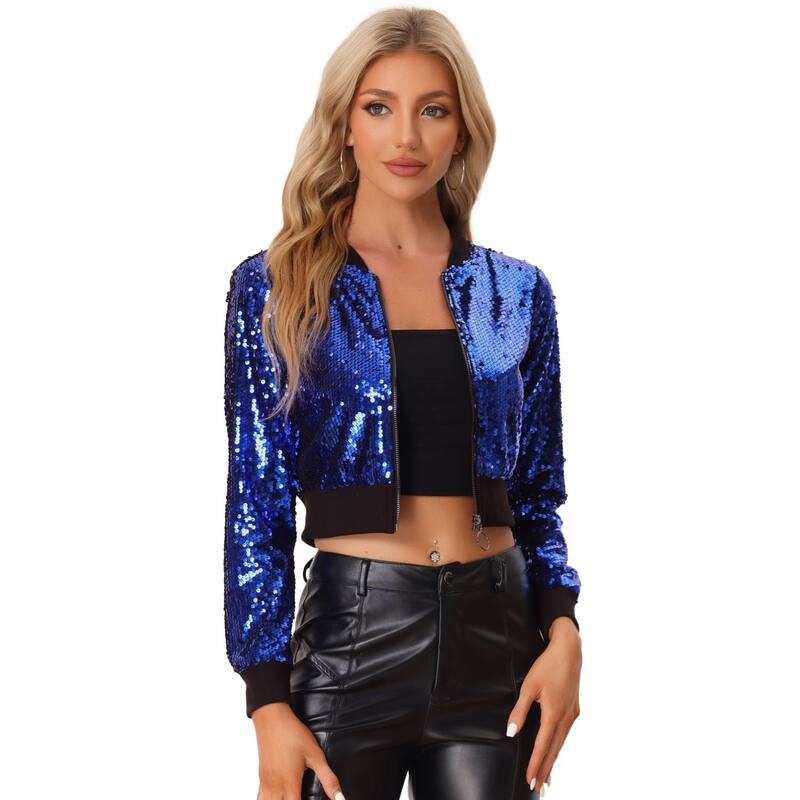 アレグラ ケー レディース アウター ジャケット・ブルゾン スパンコール クロップド ALLEGRA K Women'sequin Sparkle Zipper Cropped Bomber Jacket Blue ブルー