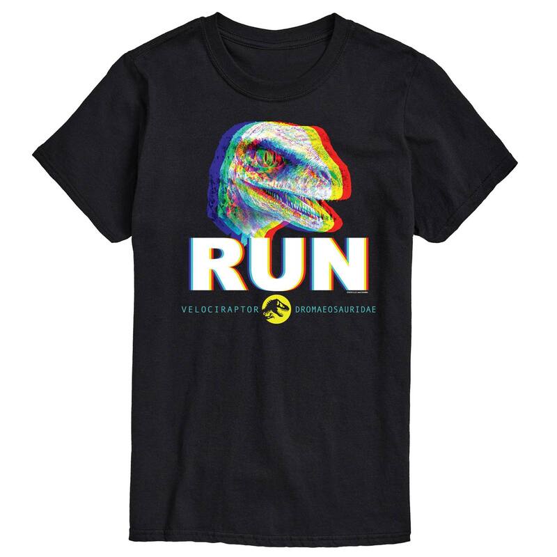 アニメキャラクター レディース トップス Tシャツ グラフィック Licensed Character Men's Jurassic World run Glitch Velociraptor Graphic Tee Black ブラック