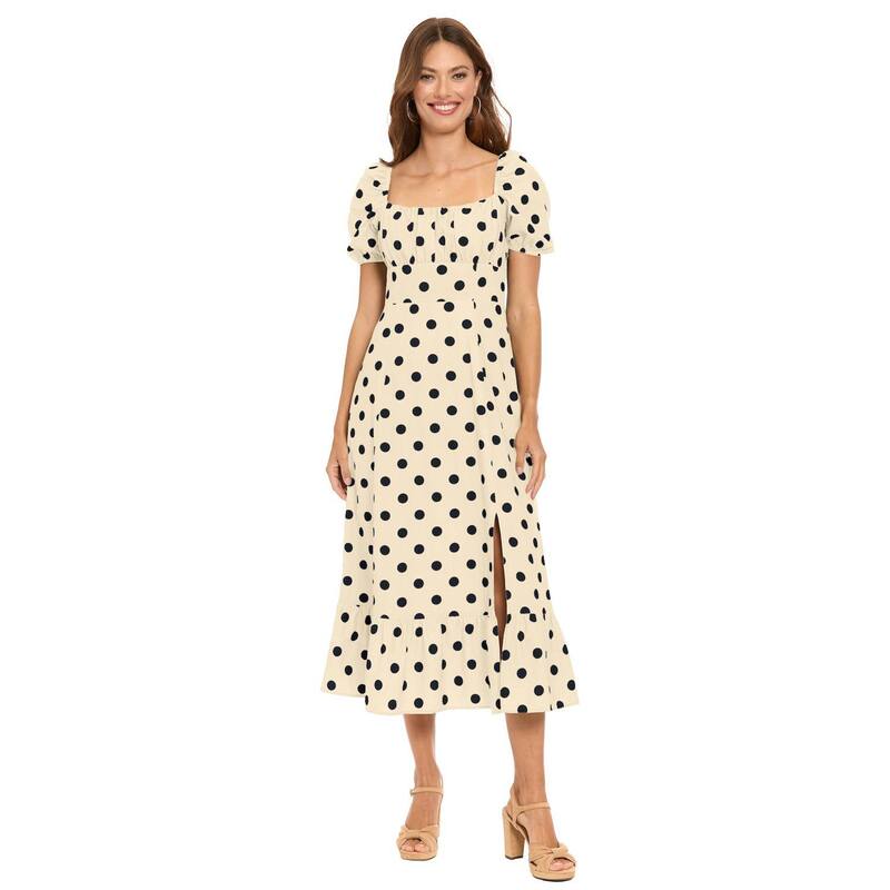 ロンドンタイムス レディース トップス ワンピース フラワー柄 ミディ エンパイア フラワー Women's London Times Floral Squareneck Puff Sleevempire Waist Midi Dress Cream Black クリーム|ReVida 店
