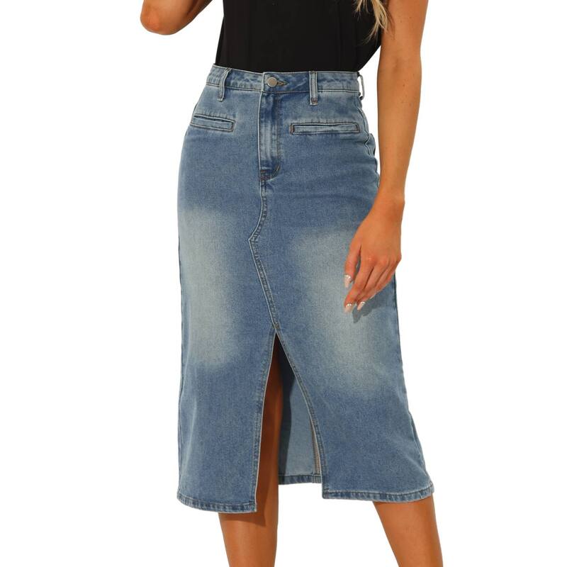 アレグラ ケー レディース ボトムスカート ハイウエスト ミディ デニム ALLEGRA K Midi Denim Skirt for Women's High Waist Slit Front with Pockets Jean Skirts Grey Blue グレー