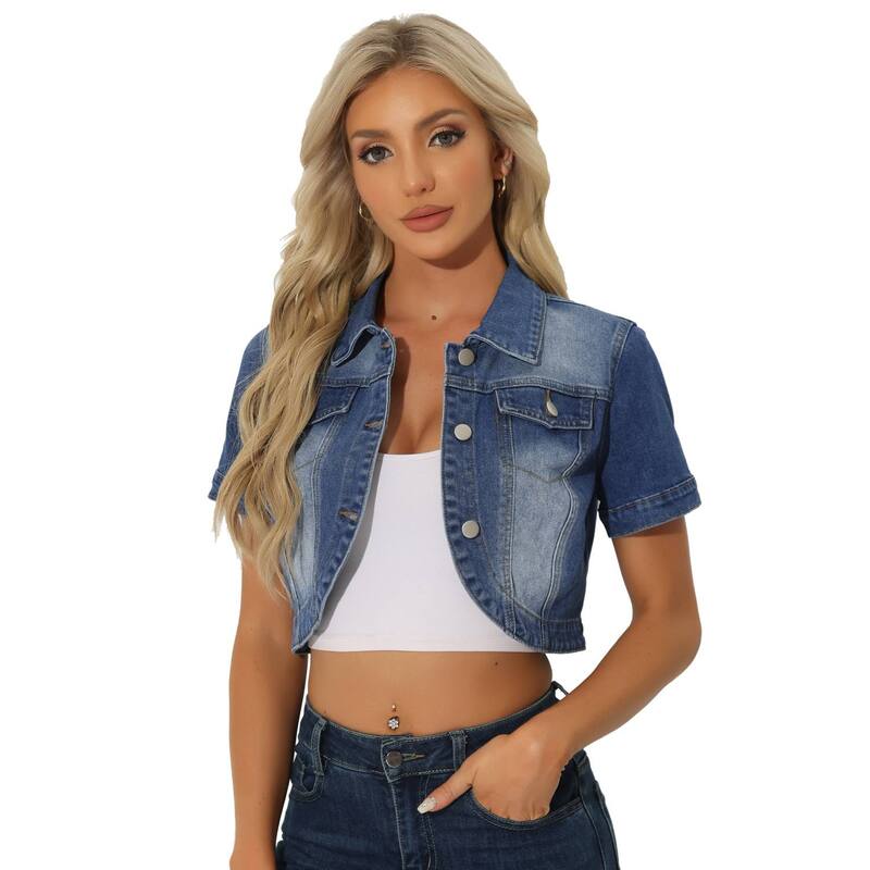 アレグラ ケー レディース アウター ジャケット・ブルゾン ダウン デニム ALLEGRA K Casual Denim Jacket For Women's Turndown Collar Short Sleeves Crop Jean Jackets Mid Blue ブルー