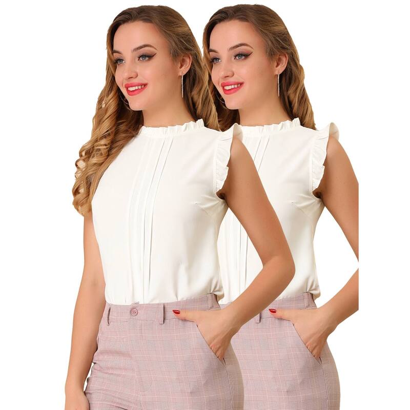 アレグラ ケー レディース トップス シャツ ヴィンテージ クルーネック フリル ノースリーブラウス ALLEGRA K Women\'s 2 Packs Ruffled Crew Neck Office Vintage Sleeveless Work Blouses Top 2 Pack White ホワイト｜ReVida 店