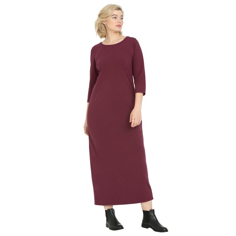Ellos レディース トップス ワンピース クルーネック プラスサイズ コットン マキシ ellos Plusize Cotton Spandex Crew Neck 3/4 Sleeve Maxi Dress Deep Wine ワイン