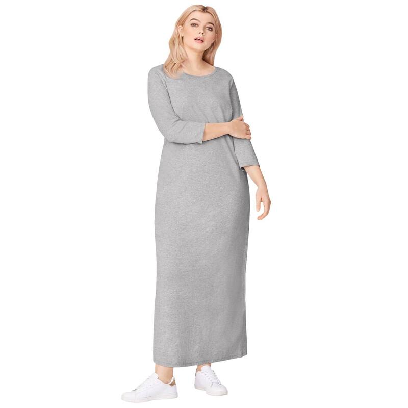 Ellos レディース トップス ワンピース クルーネック プラスサイズ コットン マキシ ellos Plusize Cotton Spandex Crew Neck 3/4 Sleeve Maxi Dress Heather Grey グレー