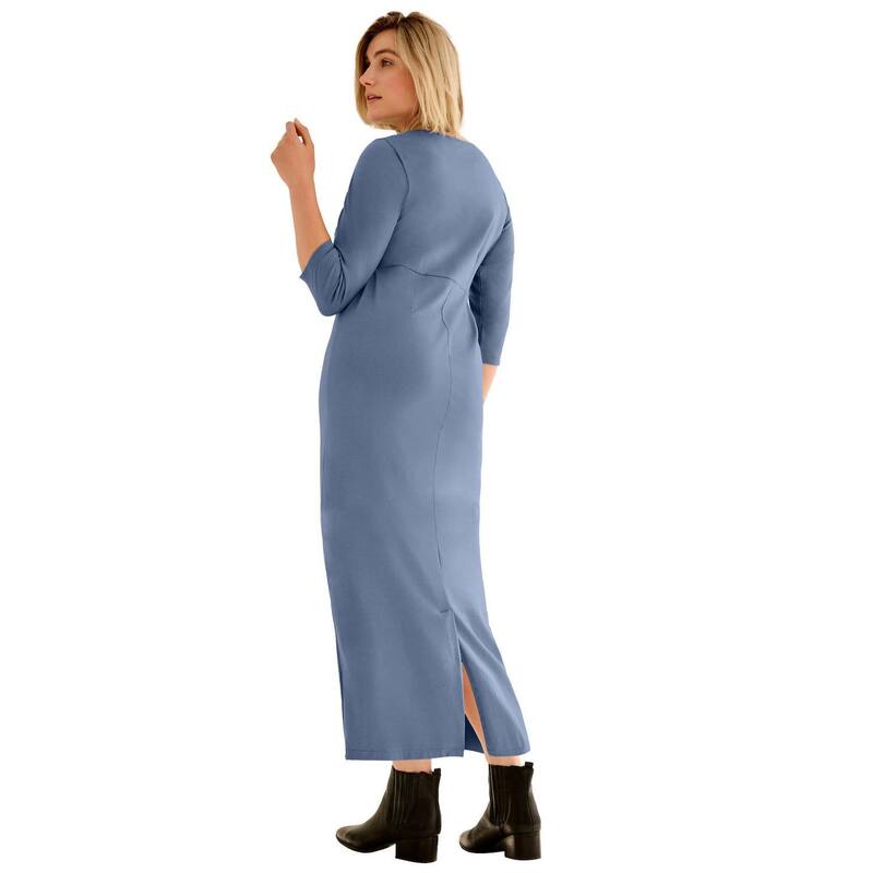 Ellos レディース トップス ワンピース クルーネック プラスサイズ コットン マキシ ellos Plusize Cotton Spandex Crew Neck 3/4 Sleeve Maxi Dress Pale Indigo インディゴ