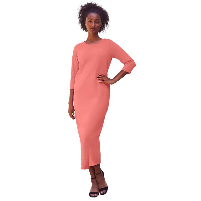 Ellos レディース トップス ワンピース クルーネック プラスサイズ コットン マキシ ellos Plusize Cotton Spandex Crew Neck 3/4 Sleeve Maxi Dressweet Coral コーラル