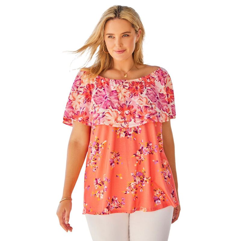 ウーマン ウィズイン レディース トップス Tシャツ プラスサイズ フリル Woman Within Plusize Ruffle Tee Sweet Coral Mixed コーラル|ReVida 店