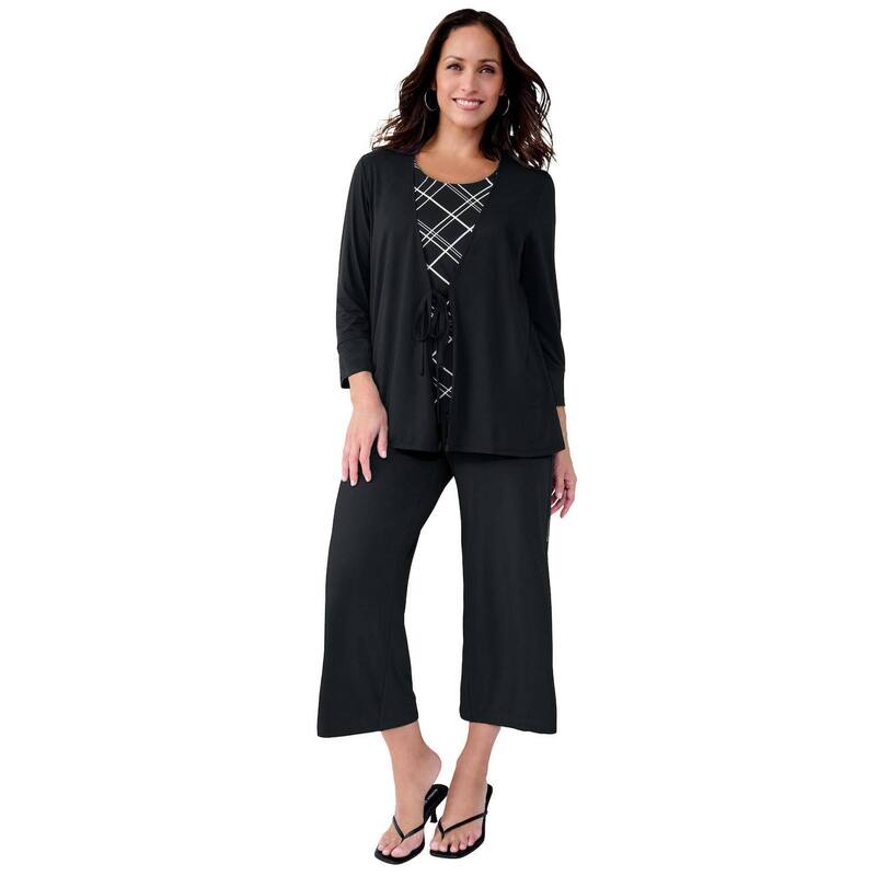 ジェシカロンドン レディース ボトムス カジュアルパンツ ワイドレッグ プラスサイズ ニット Jessica London Women's Plusizeveryday Stretch Knit Wide Leg Cropant Black Biastripe ブラック