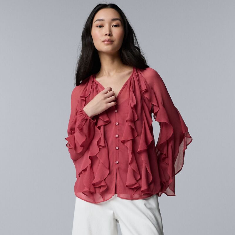 ヴェラウォン レディース トップス シャツ フリル ブラウス Women'simply Vera Wang Long Sleeve Ruffled Blouse Raspberry Frosting