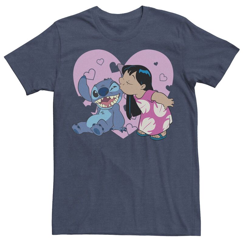 ディズニー レディース トップス Tシャツ Disney's Lilo & Stitch Men's Valentine's Day Lilo Kiss Tee Navy Heather ヘザー