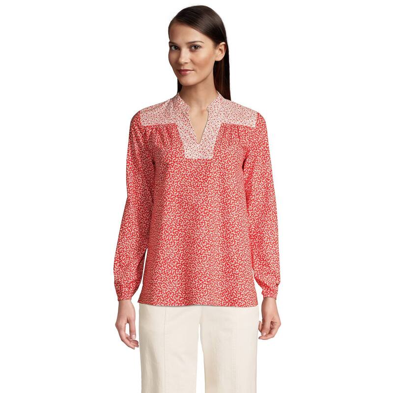 ランズエンド レディース トップス シャツ プチ Petite Lands' End Poplin Peasantop Crimson Orange Leaf クリムゾン｜ReVida 店