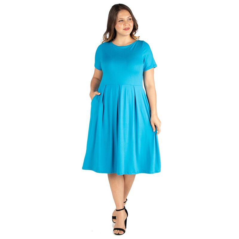 24 セブンコンフォート レディース トップス ワンピース プラスサイズ ミディ Plusize 24seven Comfort Apparel Short Sleeve Midi Skater Dress With Pockets Turq|ReVida 店