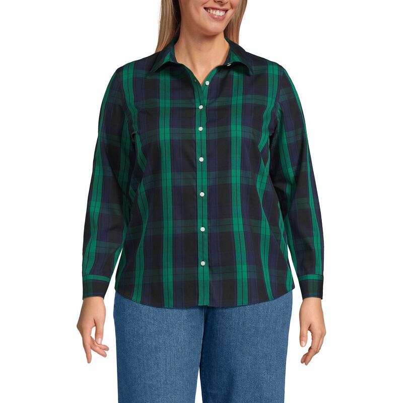 ランズエンド レディース トップス シャツ プラスサイズ Plusize Lands' End Wrinkle-Free No Iron Button-Front Shirt Clover Navy Plaid ネイビー